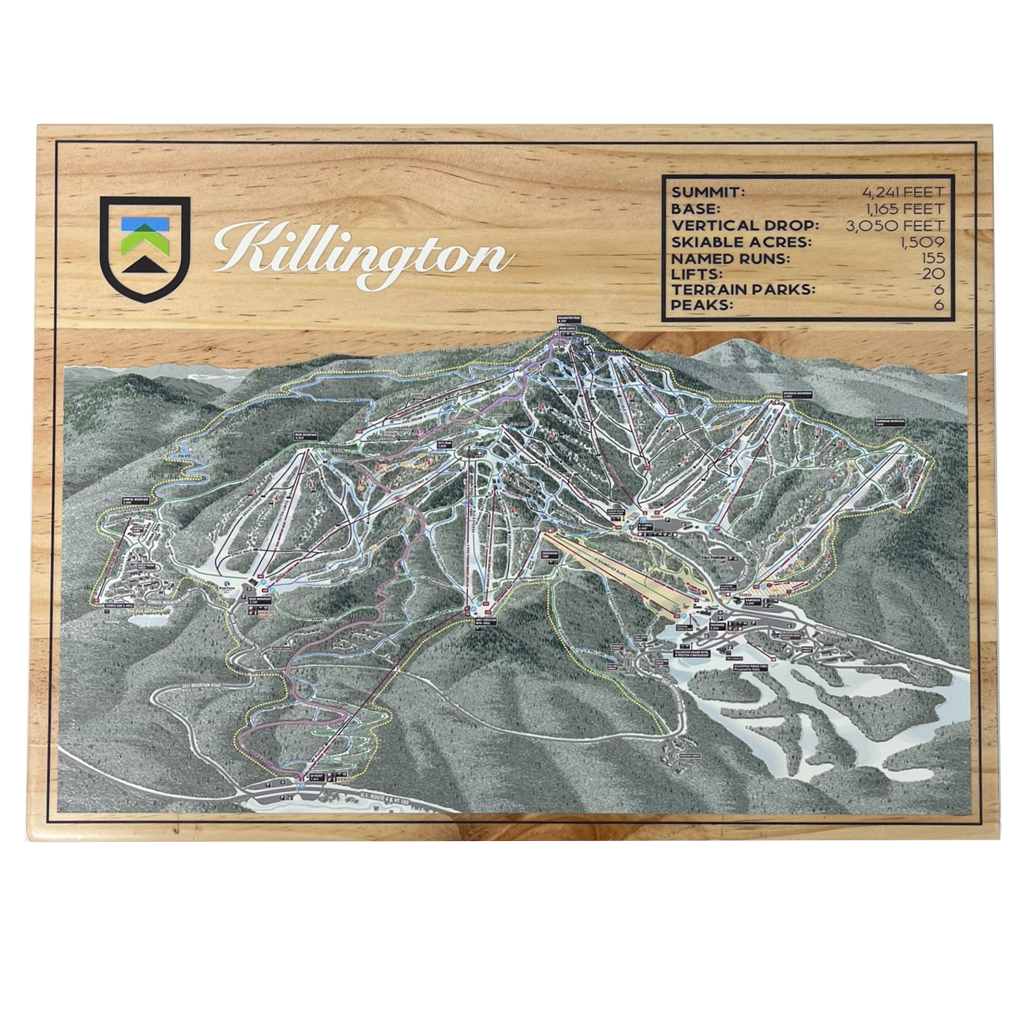 Killington Trail Map Stat Box Wooden Wall Art - Small-Killington-Killington Sports