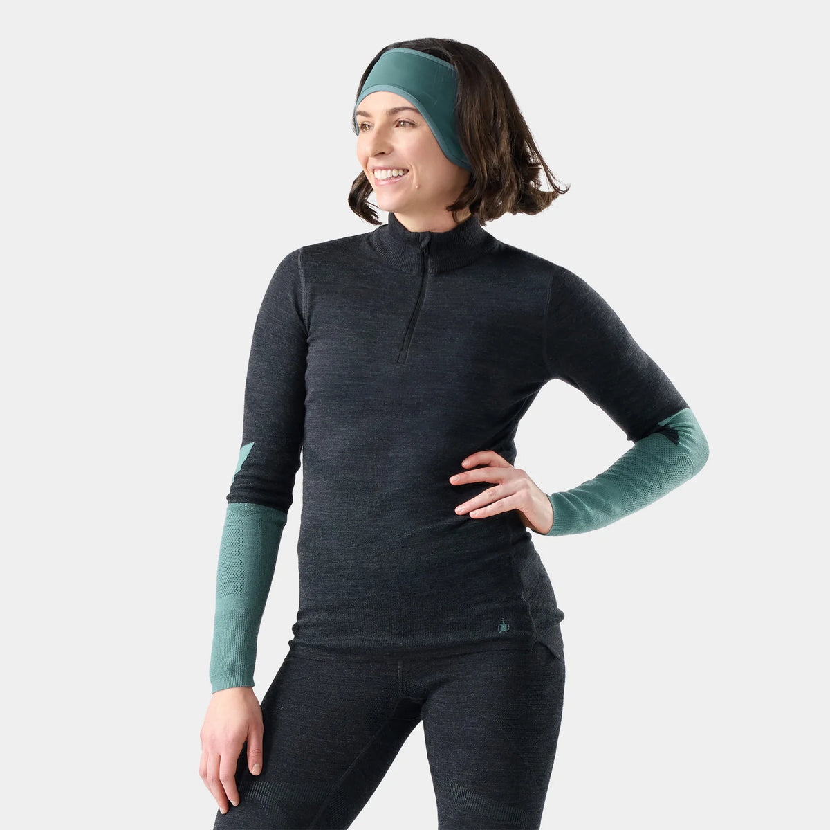 Smartwool Women's Intraknit Thermal Merino Base Layer Colorblock 1/4 Zip-Charcoal/Dusty Teal-Killington Sports