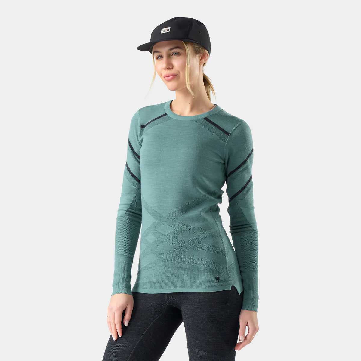 Smartwool Women's Intraknit Thermal Merino Base Layer Crew-Dusty Teal/Charcoal-Killington Sports