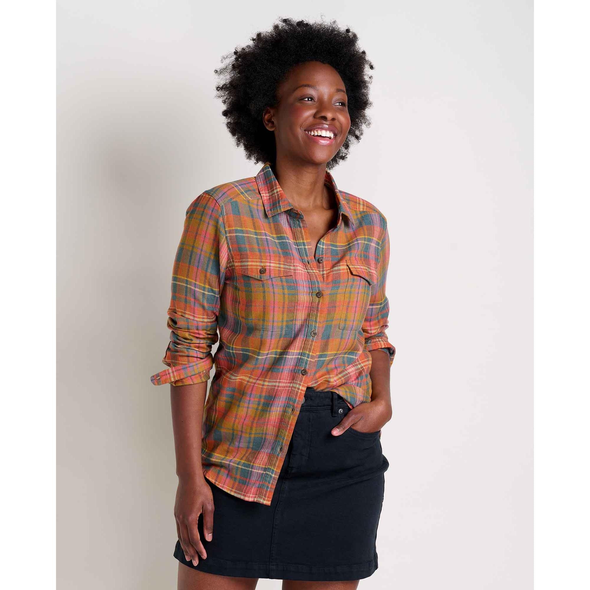 Toad & Co Women's Re-Form Flannel Long Sleeve Shirt-Umber Madras-Killington Sports