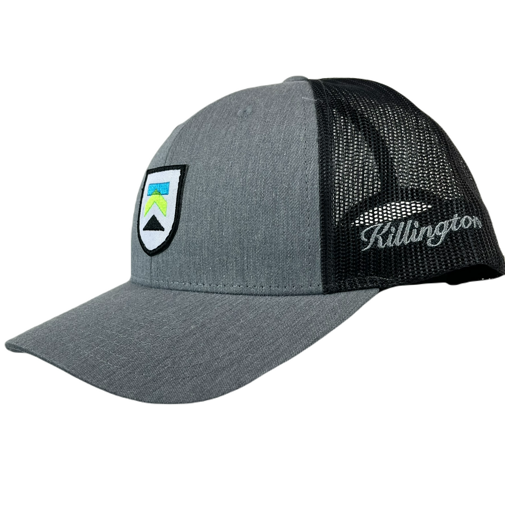 Killington Logo 115 Shield Patch Trucker Hat-Heather Grey/Dark Charcoal-Killington Sports