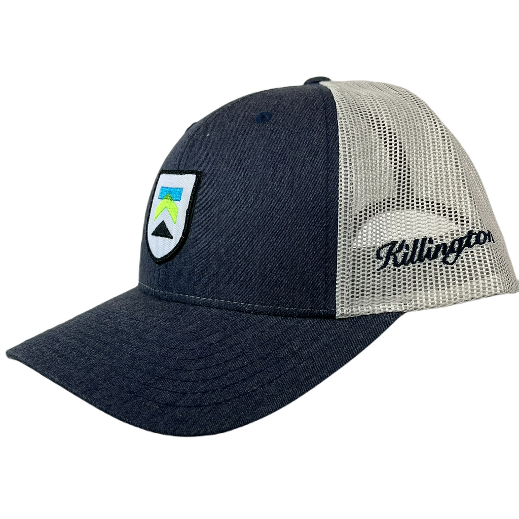 Killington Logo 115 Shield Patch Trucker Hat-Navy Heather/Light Grey-Killington Sports