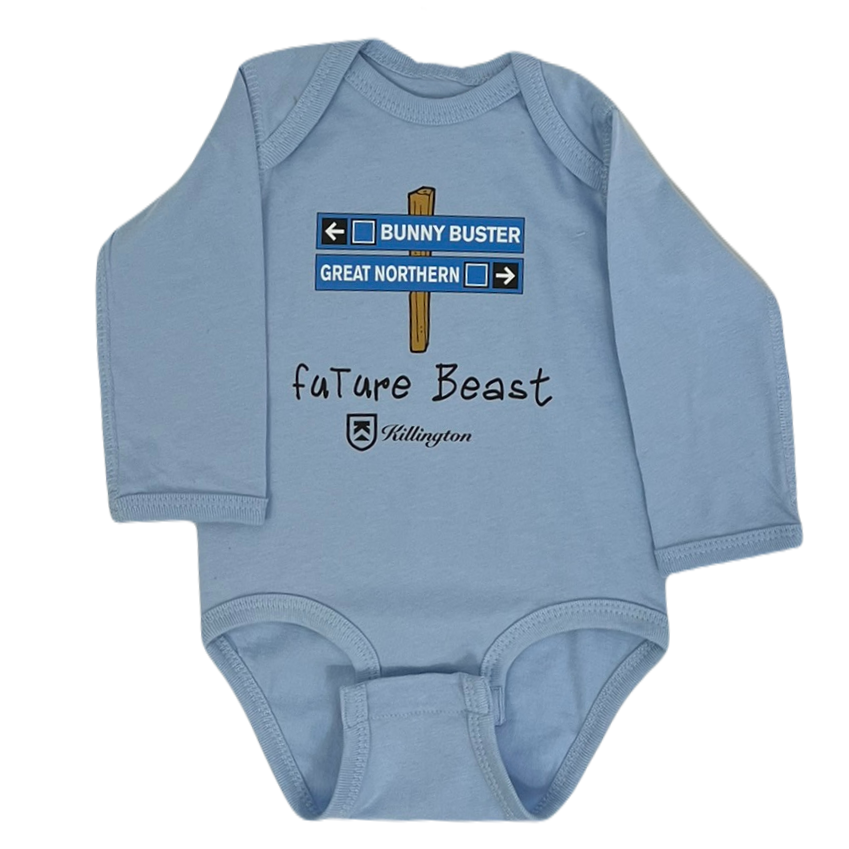 Killington Logo Future Beast Blue Trail Sign Baby Longsleeve Onesie-Light Blue-Killington Sports