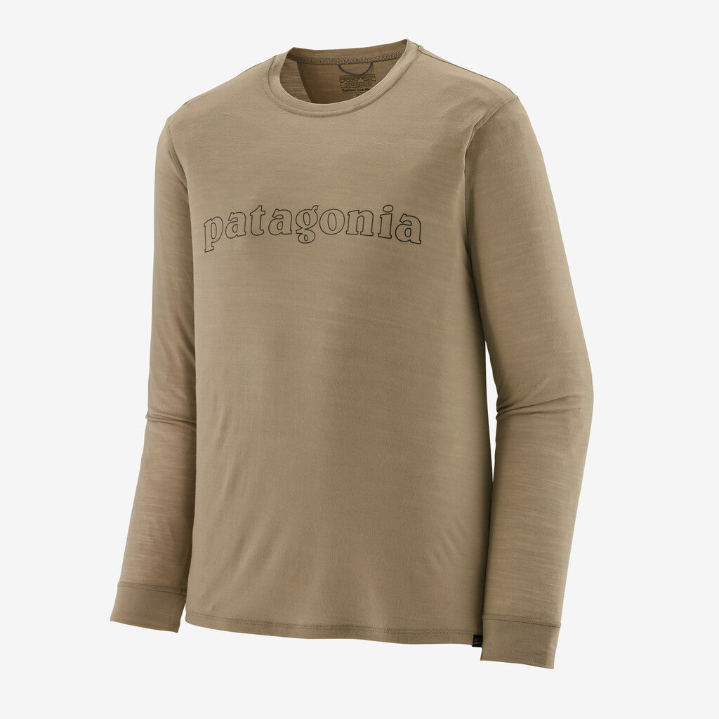 Patagonia Men's Long-Sleeved Capilene® Cool Merino Graphic Shirt-Outline Text Logo: Seabird Grey-Killington Sports