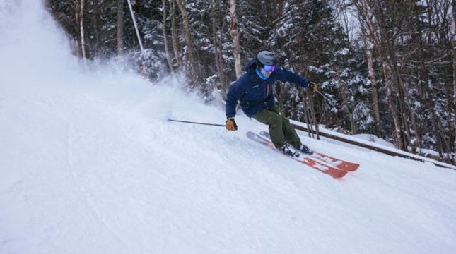Person skiing down a snowy slope with trees in the background